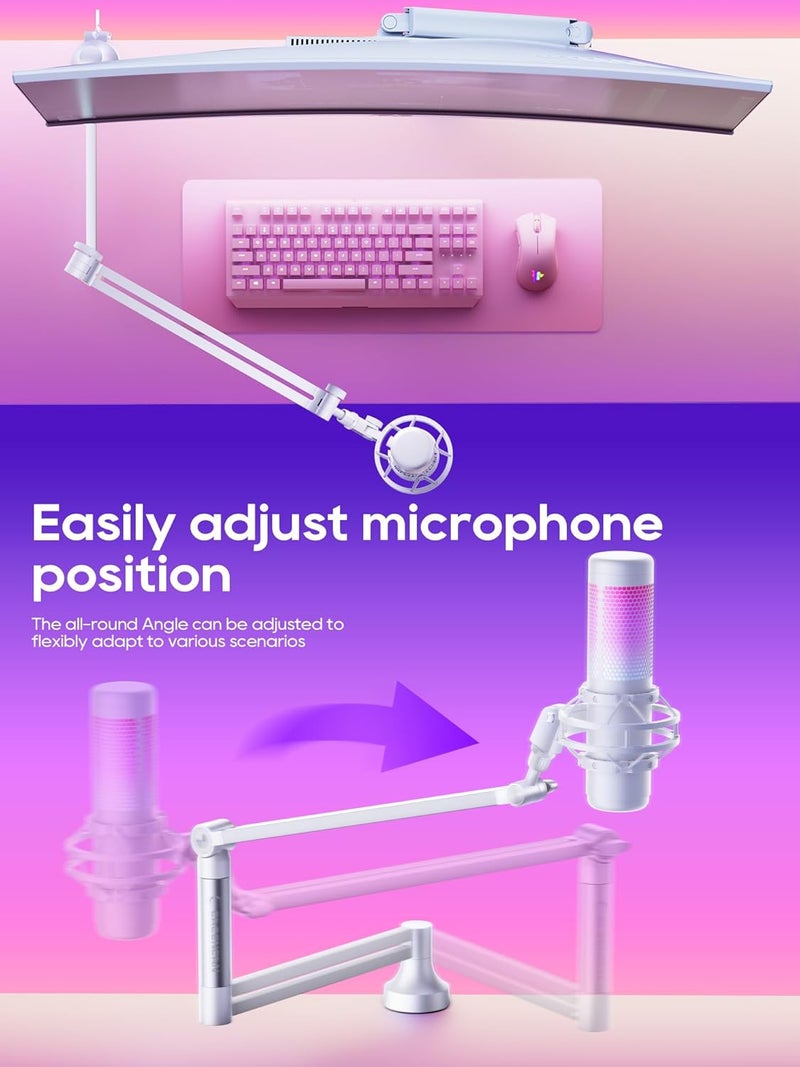 CACENCAN ذراع ميكروفون منخفضة الارتفاع، ذراع ميكروفون دوار 360° لميكروفونات Fifine AM8 K669B Blue Yeti HyperX shure sm7b SoloCast AT2020، مع مشبك ميكروفون 3/8" إلى 5/8"، أبيض - Image 3